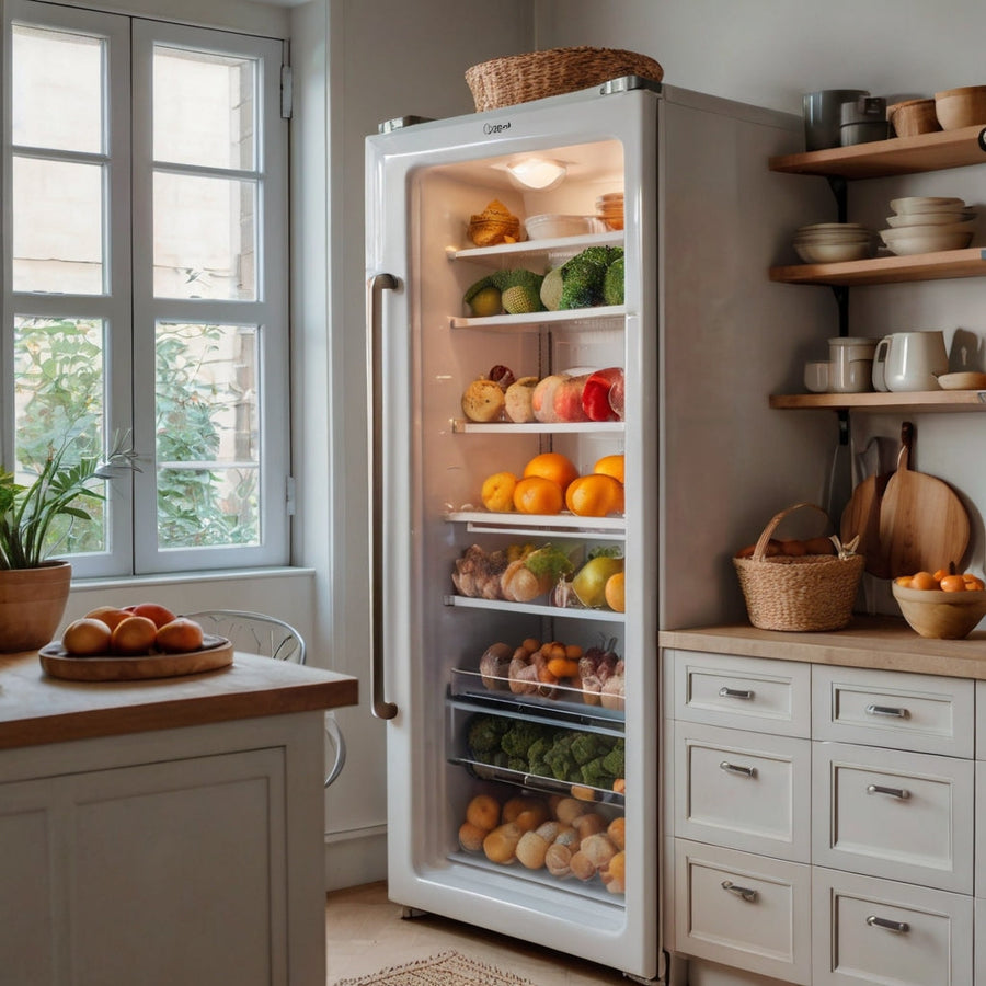 Open fridge neatly stocked with fresh fruits and vegetables in a bright kitchen showing results of natural, non-toxic cleaning.