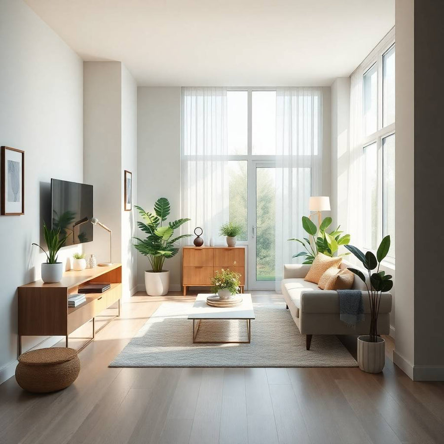Bright modern living room with plants and natural light, styled as a clean, toxin-free space for a healthier home environment.