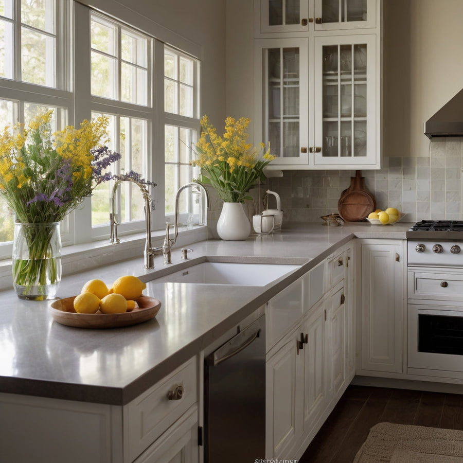 Bright kitchen with white cabinets, lemons, and fresh flowers showing a clean home maintained with safe bleach alternatives.